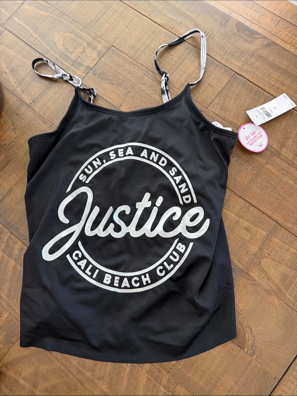 Justice Girls Black Swim Camisole with White 'Cali Beach Club' Logo